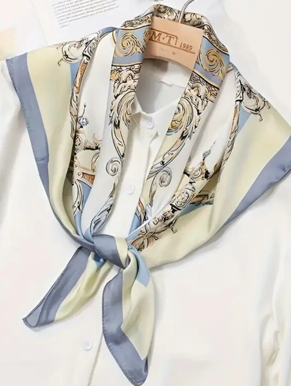 Silk-Feel Decorative Square Scarf in Pale Blue & Cream Head Scarf , 70×70cm - Picture 3 of 6